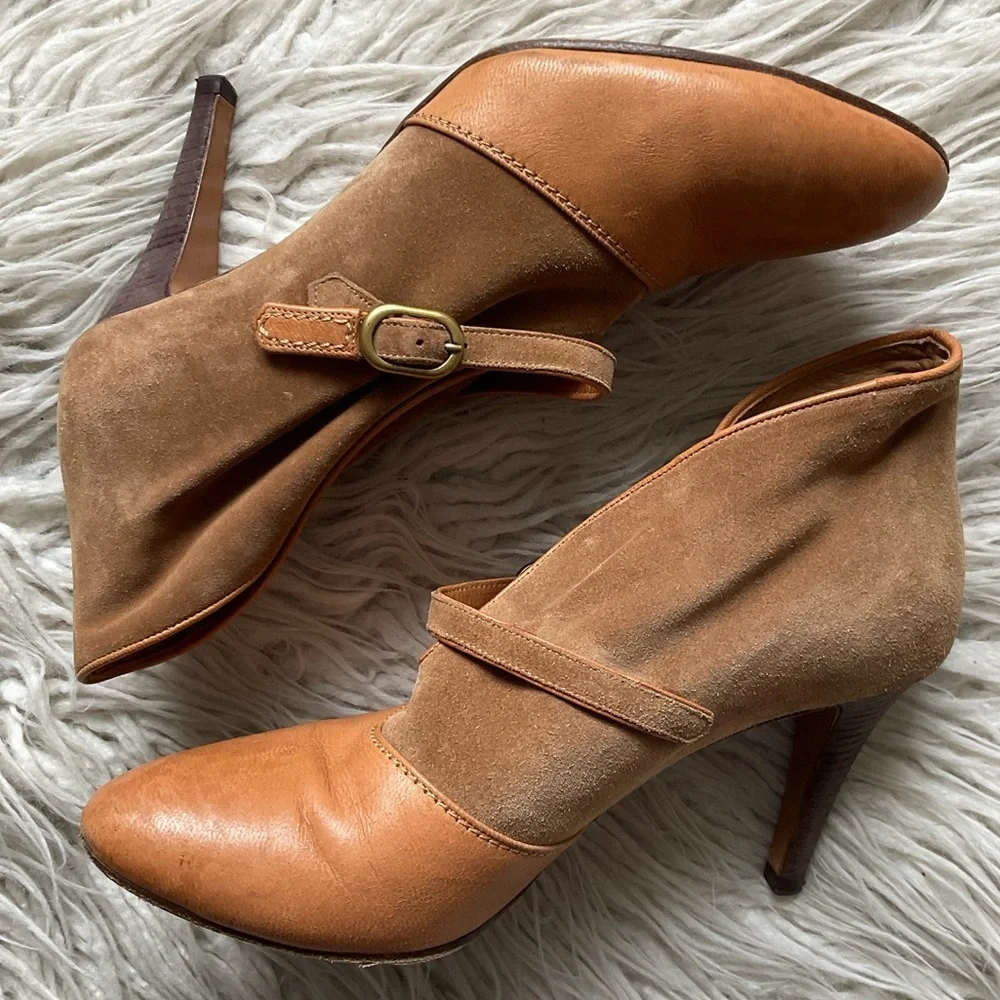 Chloe Tan Suede Leather Switch Color Block Mixed Media High Heel Booties Size 39